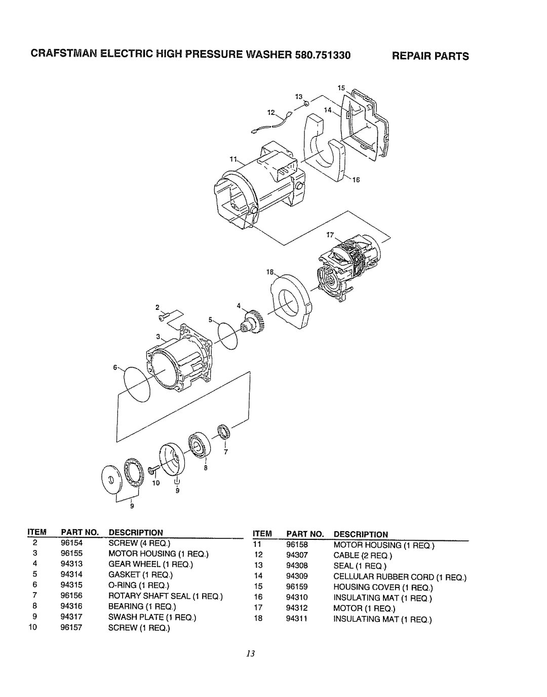 Sears 580.75133 owner manual Repair Parts, Description, Screw 