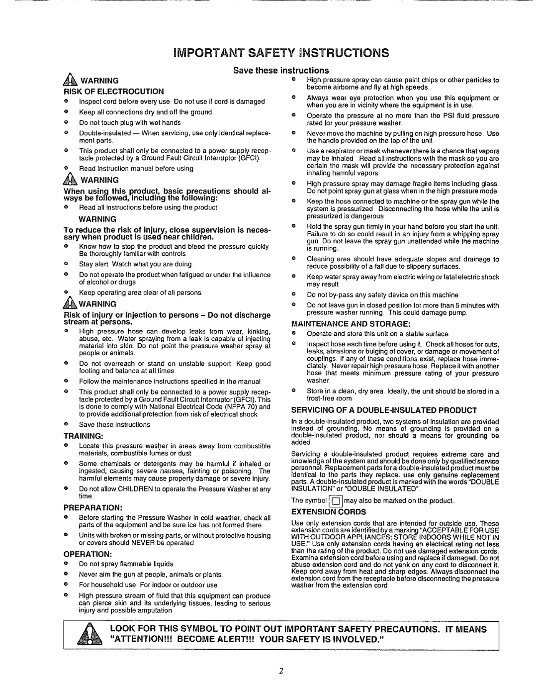 Sears 580.75133 owner manual IMPORTANT Safety Instruct ONS, Servicing of a DOUBLE-INSULATED Product 