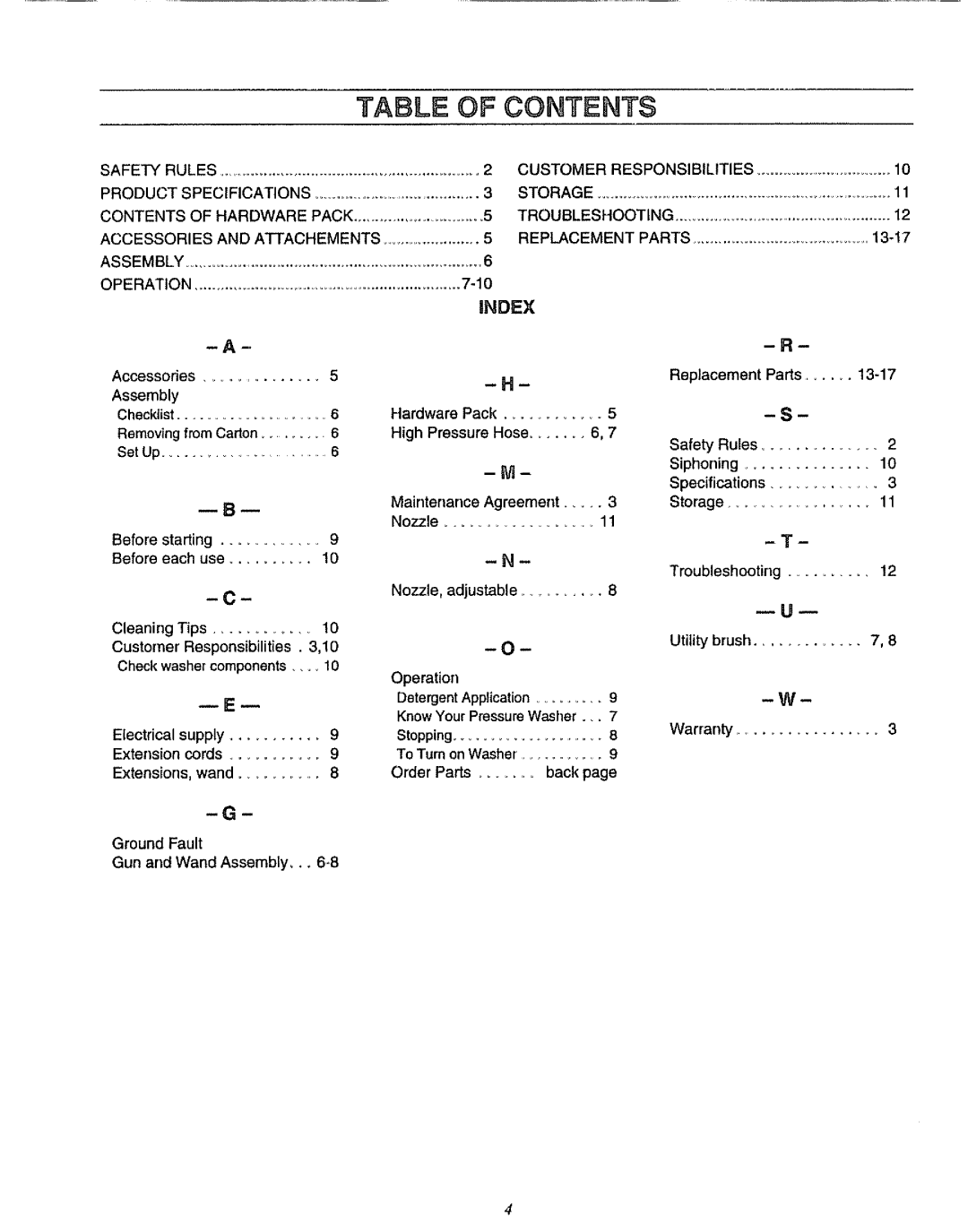 Sears 580.75133 owner manual Table of Contents 