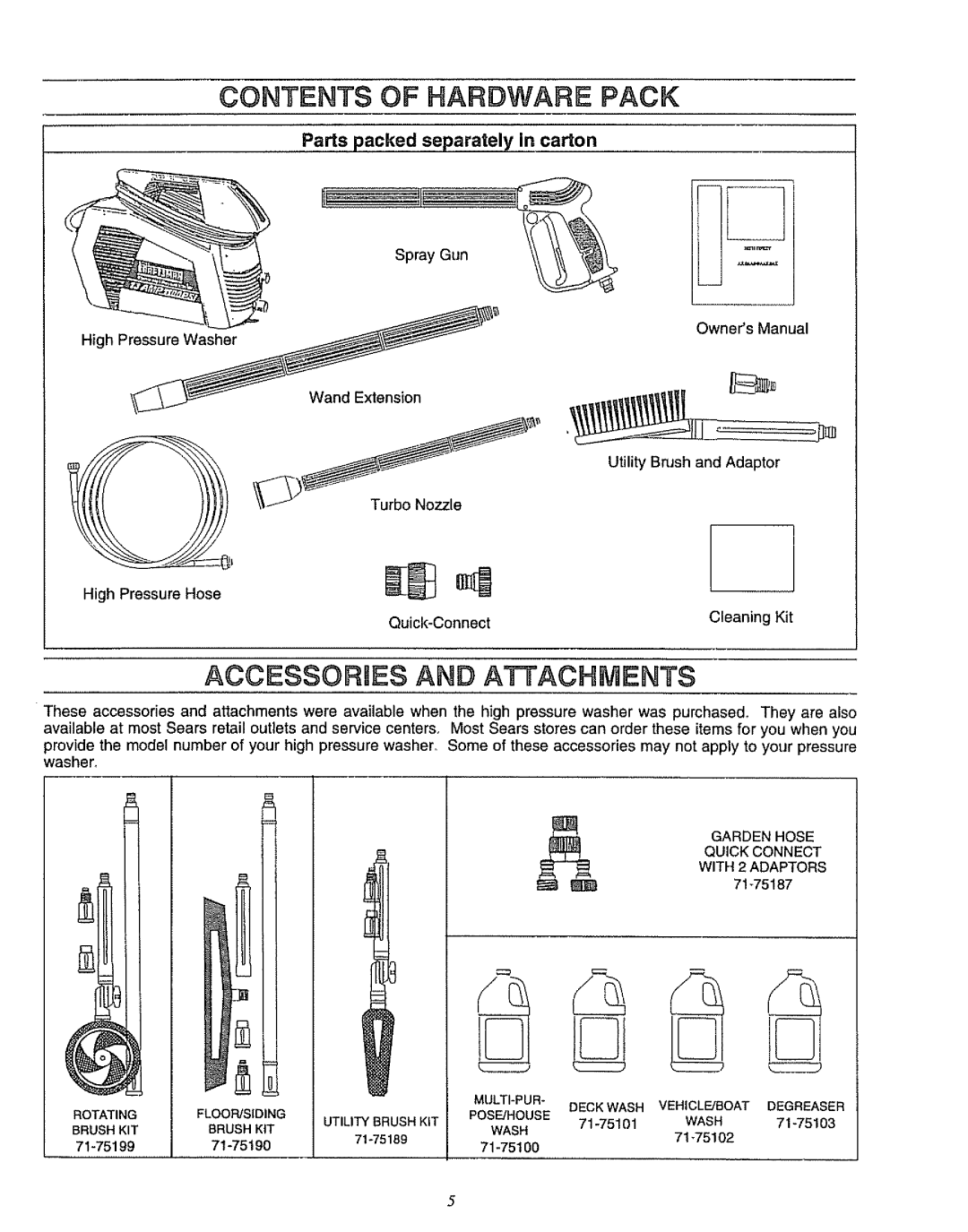 Sears 580.75133 owner manual Contents of Hardware Pack 