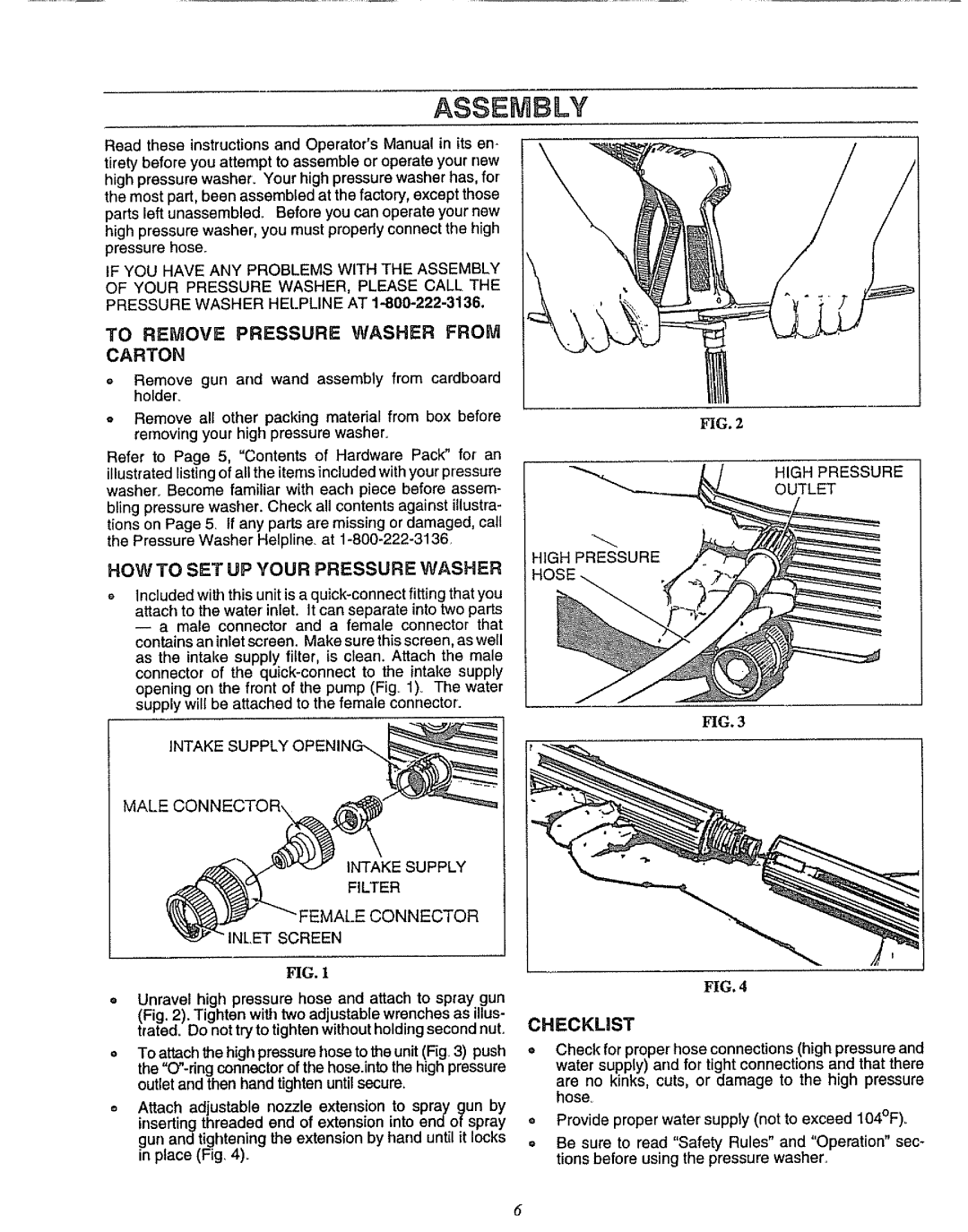 Sears 580.75133 Assembly, To Remove Pressure Washer from, Howto SET UP Your Pressure Washer, Intake Supply, Checklist 