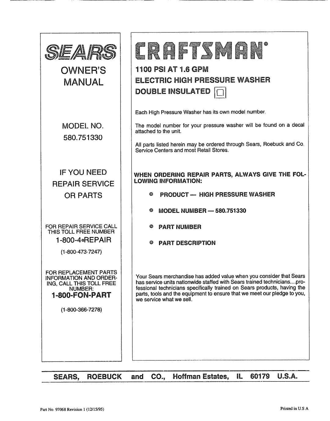 Sears 580.75133 owner manual If You Need Repair Service Or Parts, 1-800-4REPAIR, Fon-Part, Sears, Roebuck, Owners Manual 