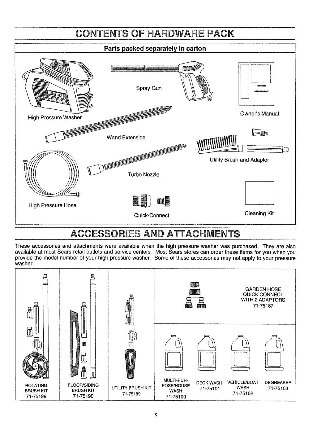 Sears 580.75133 owner manual Contents Of Hardware Pack, Accessories And Attachments, Parts packed separately In carton 