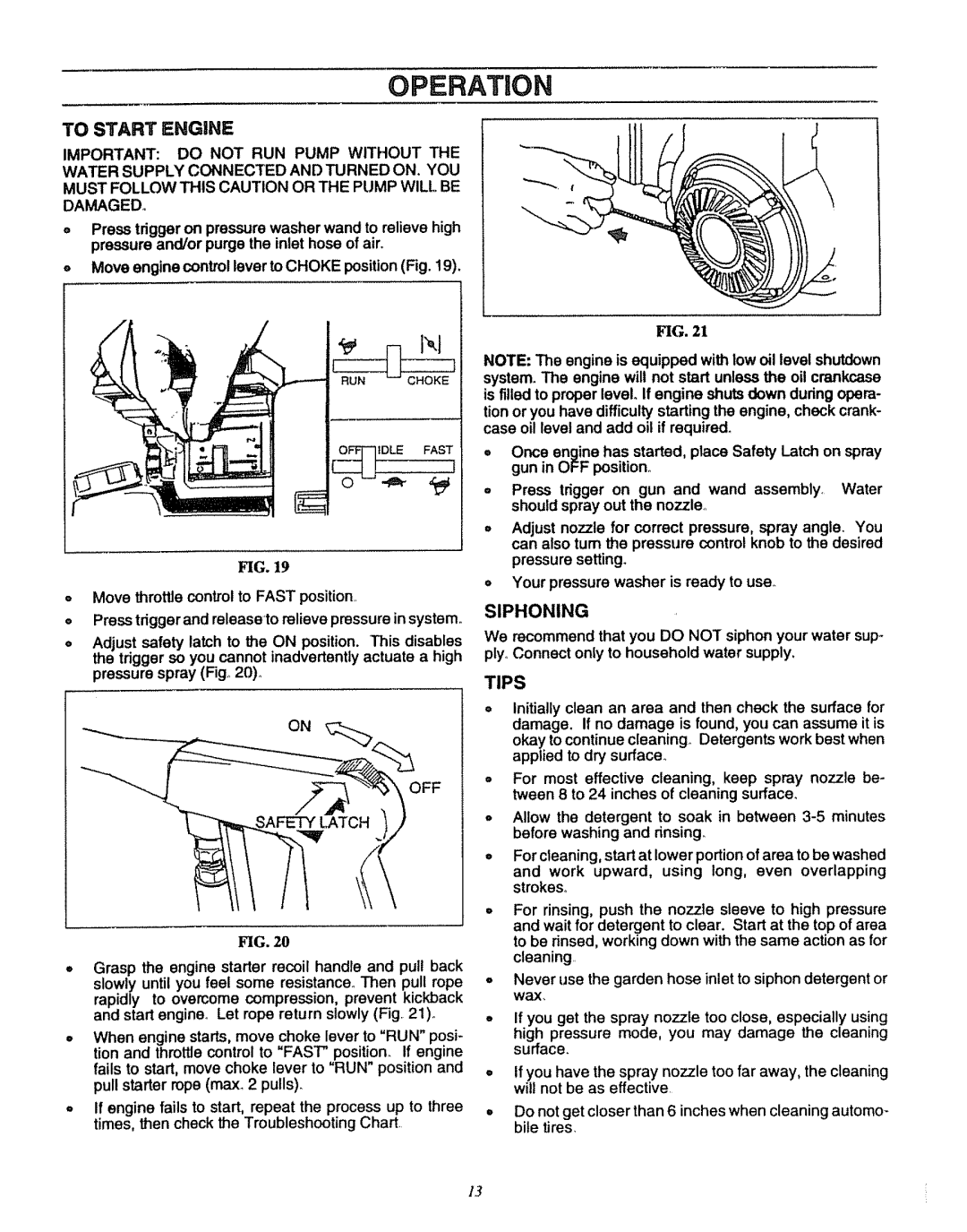 Sears 580.7515 manual To Start Engine, Siphoning, Tips 