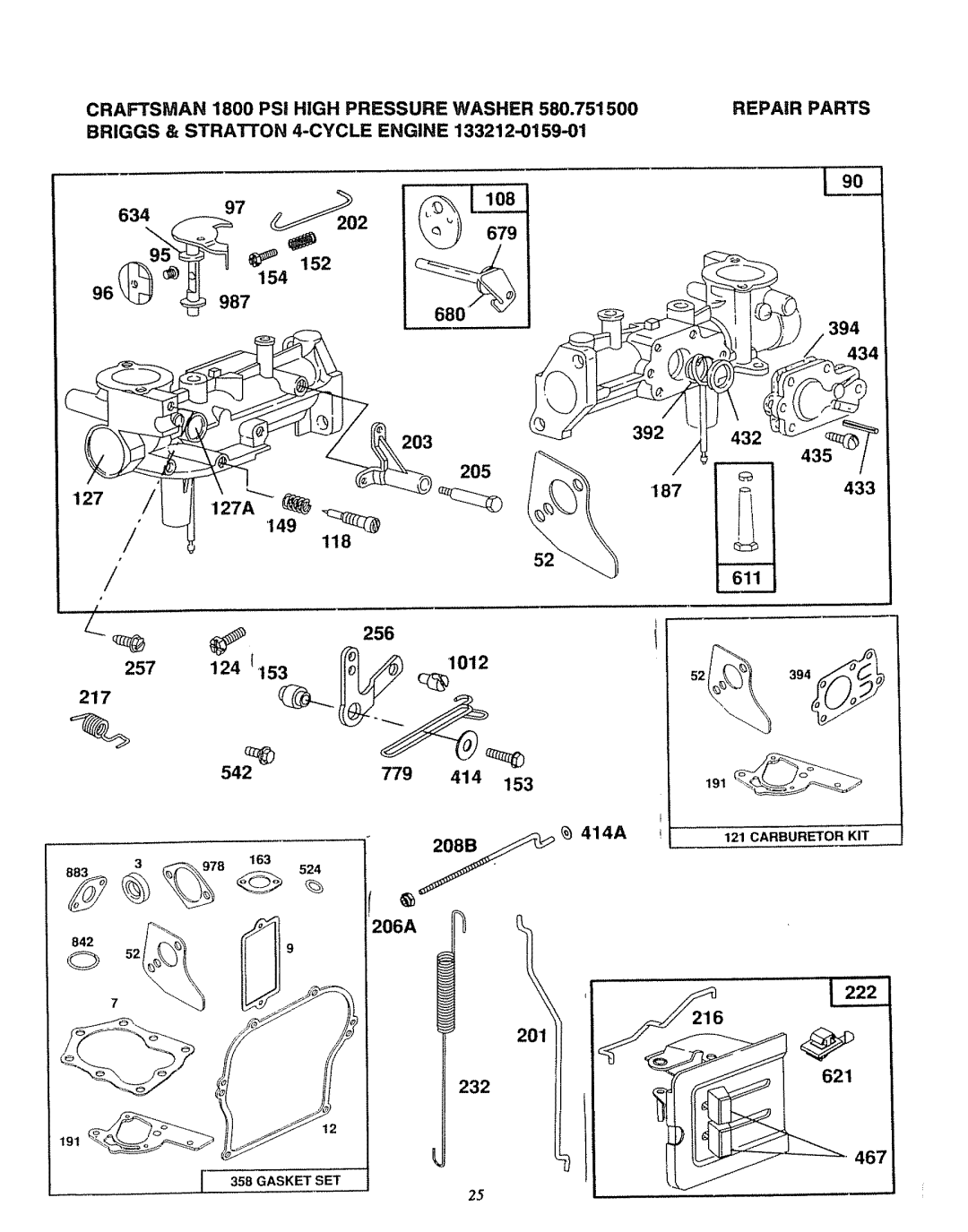 Sears 580.7515 manual 394 127, 256 1241531012 217 542 779 414 414A, 201 232, 187433 435 611, 621 467 