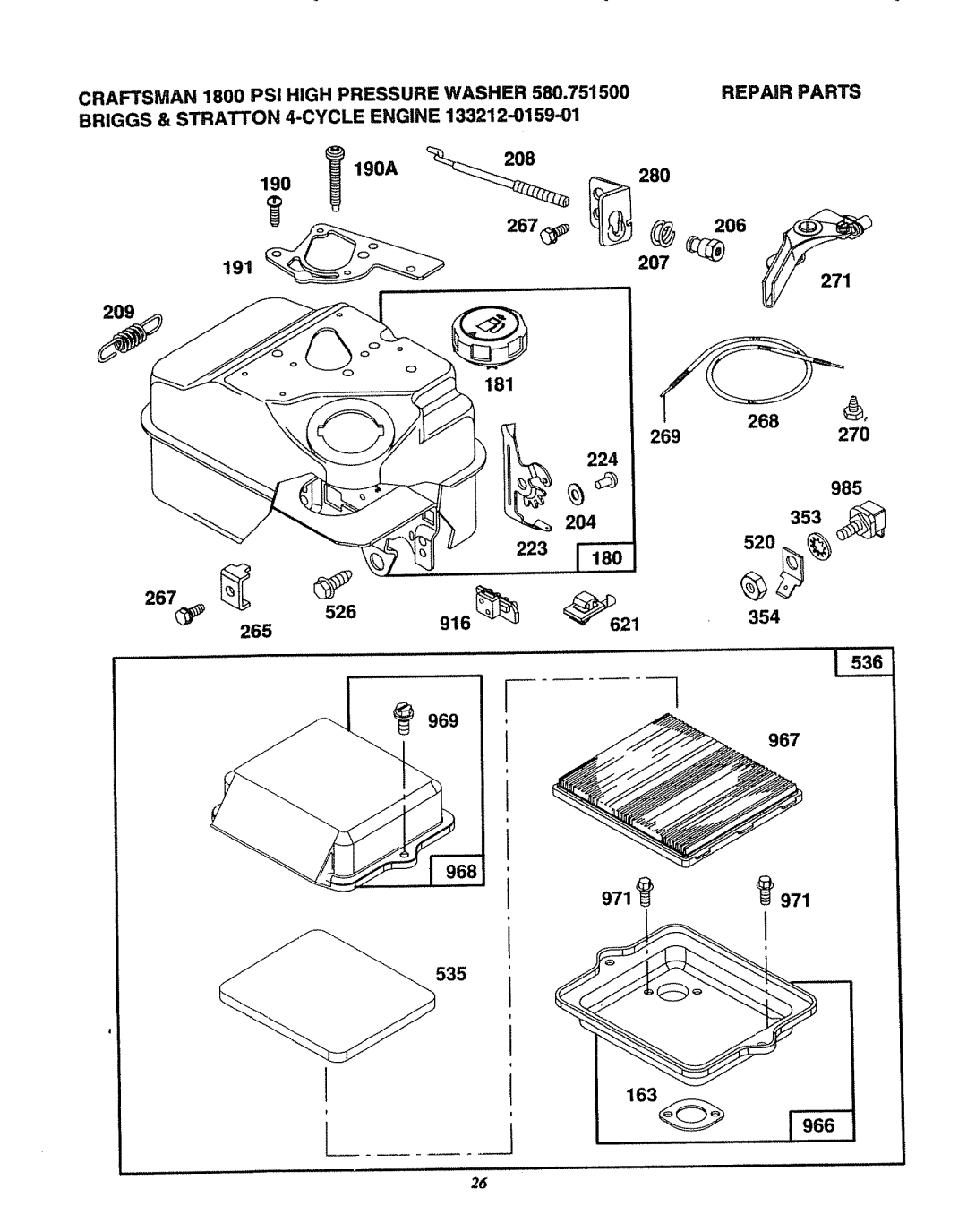 Sears 580.7515 manual 190 190A208280, 206 271, 268 269270 985 223 353 520, 969 967 971 163 