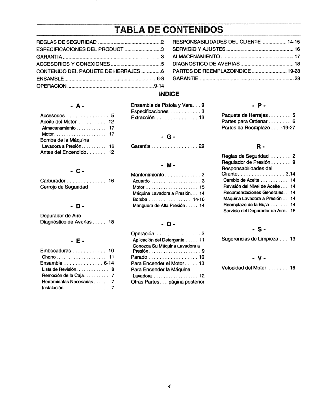 Sears 580.7515 manual Tabla DE Contenidos, Indice 