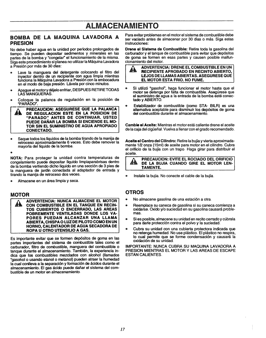 Sears 580.7515 Bomba DE LA Maquina Lavadora a Presion, Motor, Otros, TOR SIN EL Suministro DE Agua Apropiado Conectado 