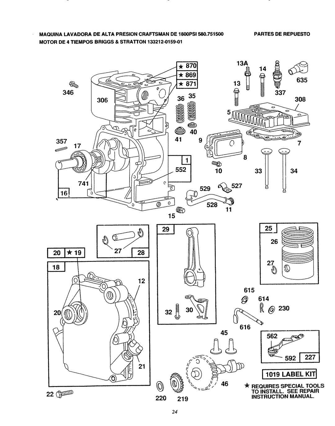 Sears 580.7515 manual 13A 87il 346 337 635 306 308, 41 40 1034, 615 616 220, Motor DE 4 Tiempos Briggs & STRATrON 