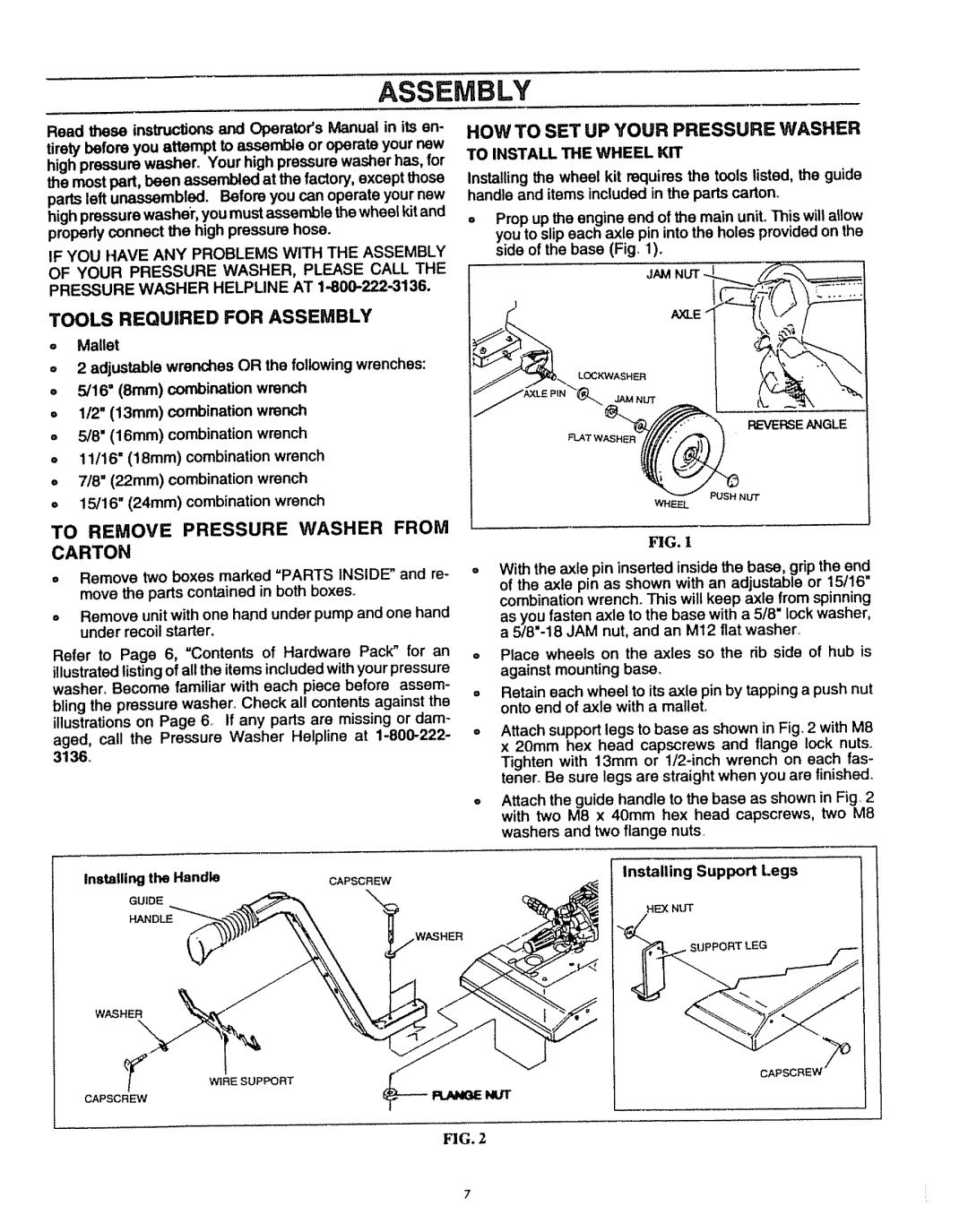 Sears 580.7515 HOW to SET UP Your Pressure Washer, Tools Required for Assembly, To Remove Pressure Washer from Carton 