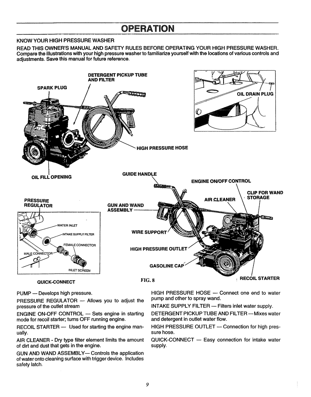 Sears 580.7515 manual Operation, Know Your High Pressure Washer, High Pressure Gasoline CA QUICK-CONNECT Recoil Starter 