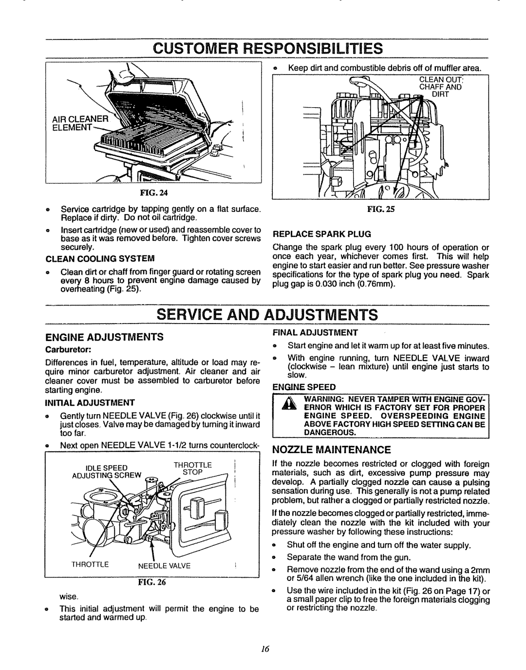 Sears 580.7515 manual CUSTOMER RESPONSIBiLiTiES, Service And Adjustments, Fig 