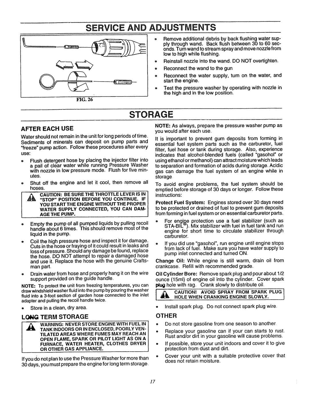 Sears 580.7515 manual Other, Service And Adjustments, After Each Use, Long Term Storage, Fig 