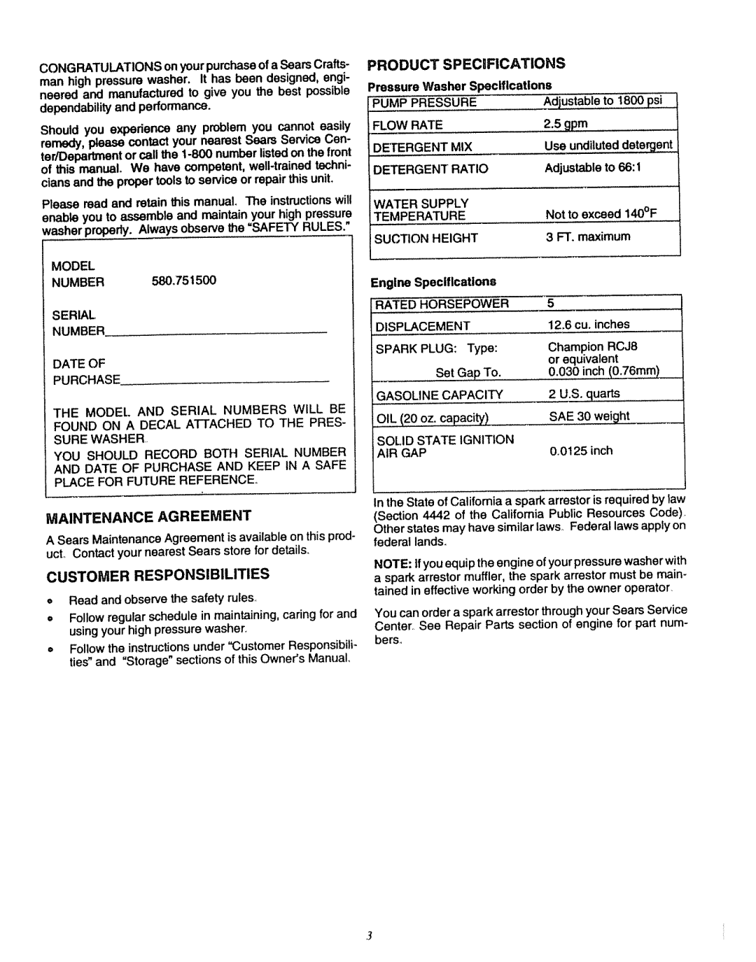 Sears 580.7515 manual Product, S Pecifications, Maintenance Agreement, Customer Responsibilities 