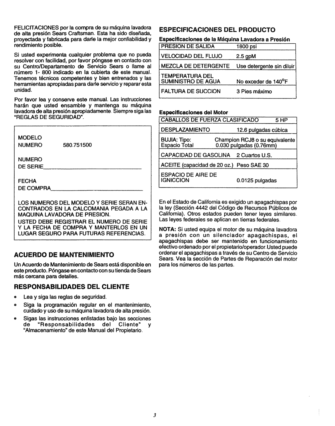 Sears 580.7515 manual Acuerdo De Mantenimiento, Responsabiudades Del Cliente, Especificaciones Del Producto 