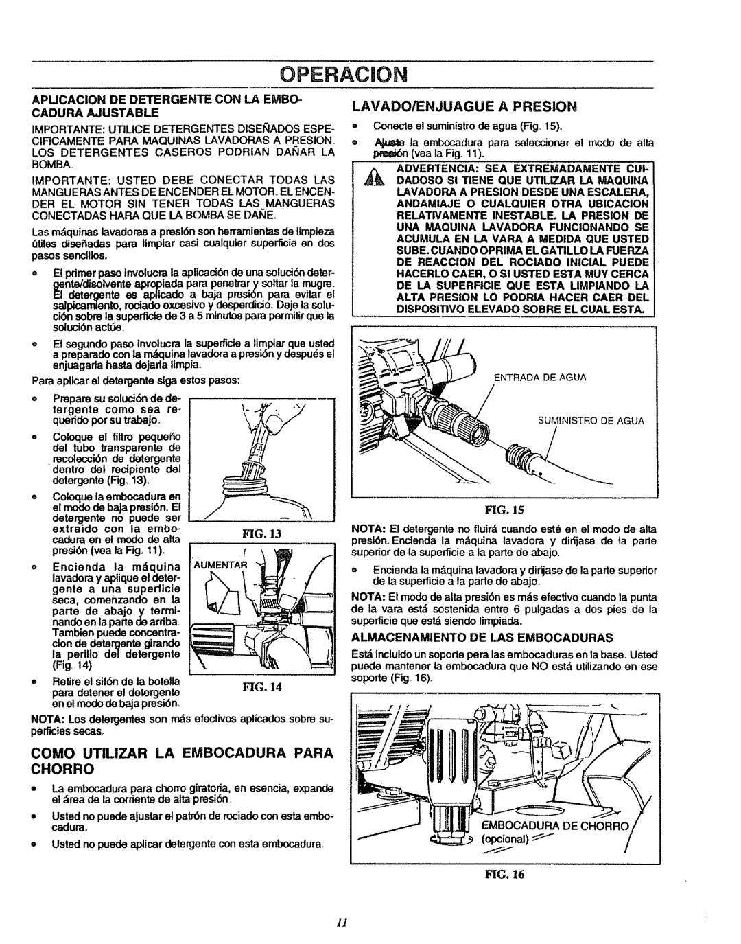 Sears 580.7515 manual Operacion, Como Utilizar La Embocadura Para Chorro, Lavado/Enjuague A Presion 