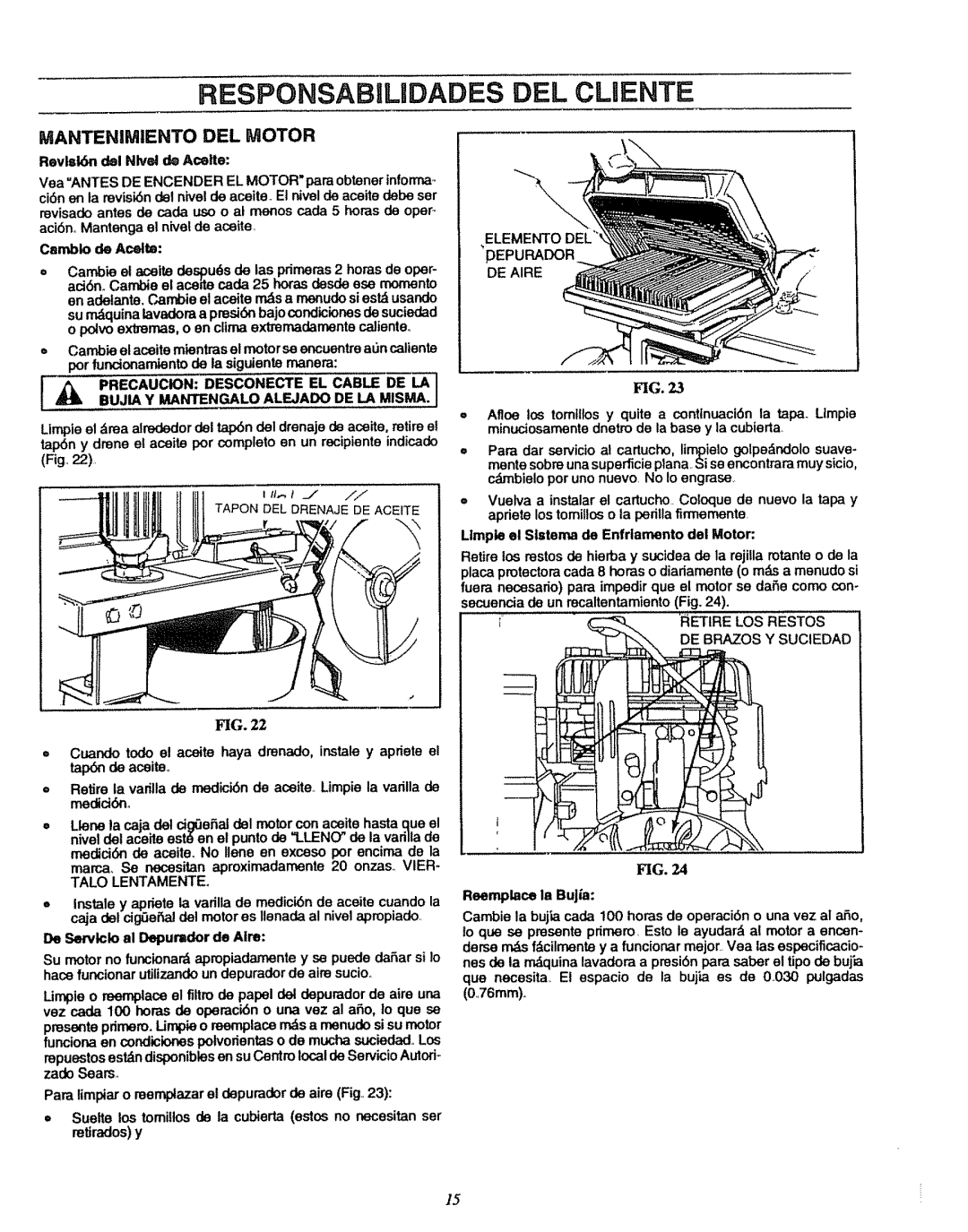 Sears 580.7515 manual RESPONSABlUDADES DEL CLUENTE, Mantenimiento Del Motor, Fig 