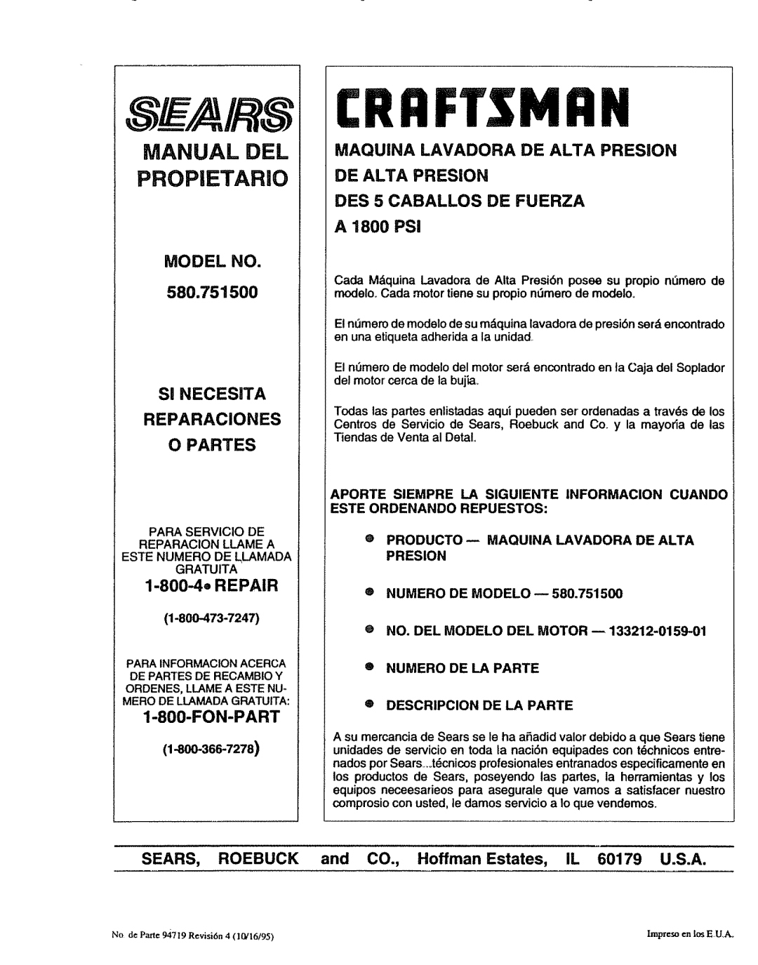 Sears manual Manual Del Propietario, MODEL NO 580.751500 SI NECESITA REPARACIONES, O Partes, 1-800-4eREPAIR, Fon-Part 