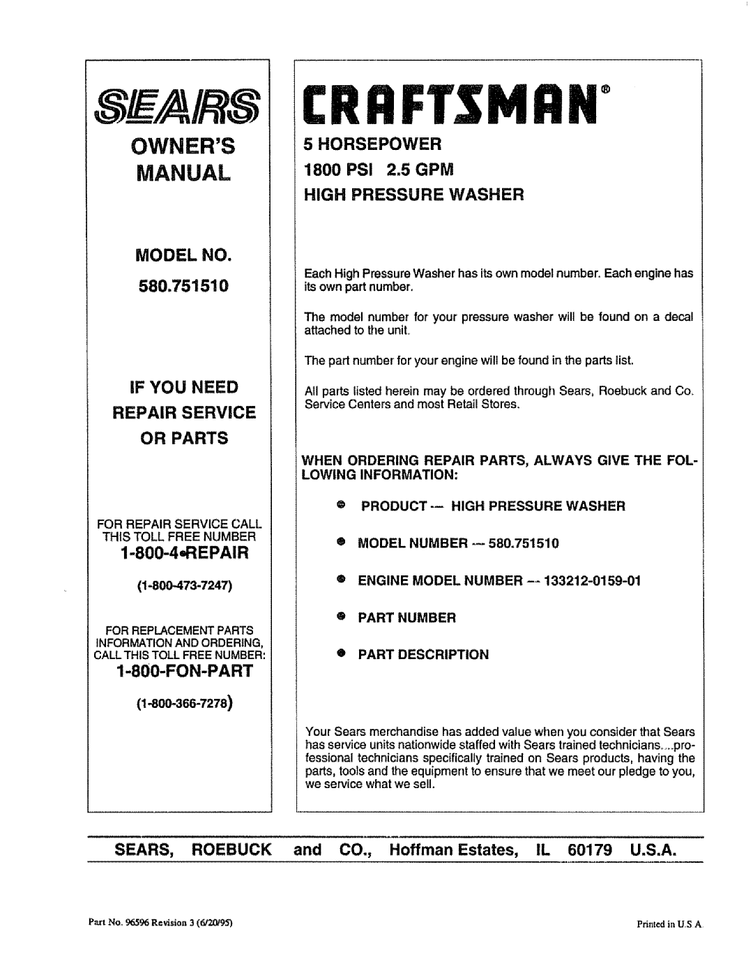 Sears 580.75151 manual Owners Manual, 8O0-366-7278, Model Number Engine Model NUMBER-=, Part Number Part Description 