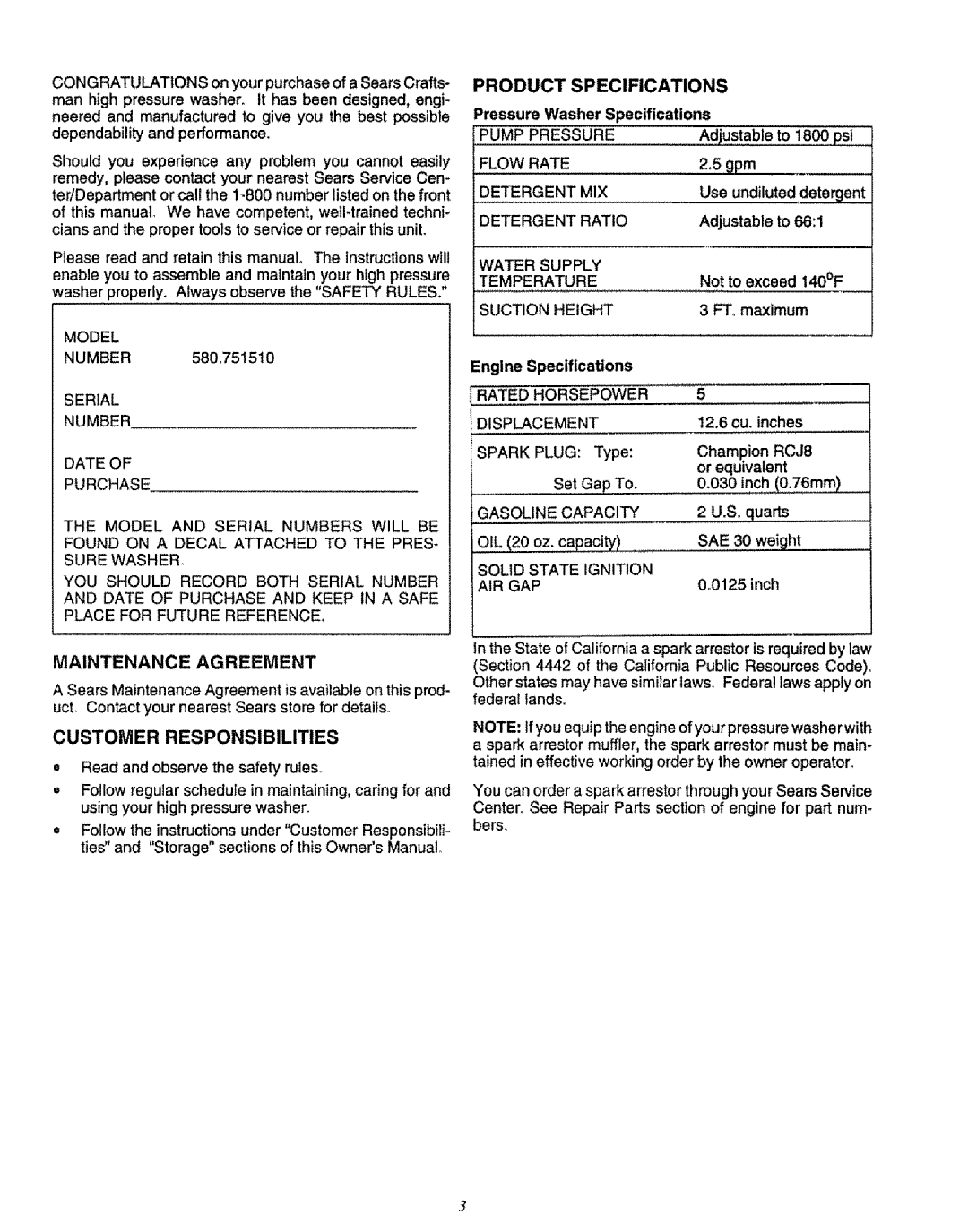 Sears 580.75151 Product Specifications, Pressure Washer Specifications, Maintenance Agreement, Customer Responsibilities 