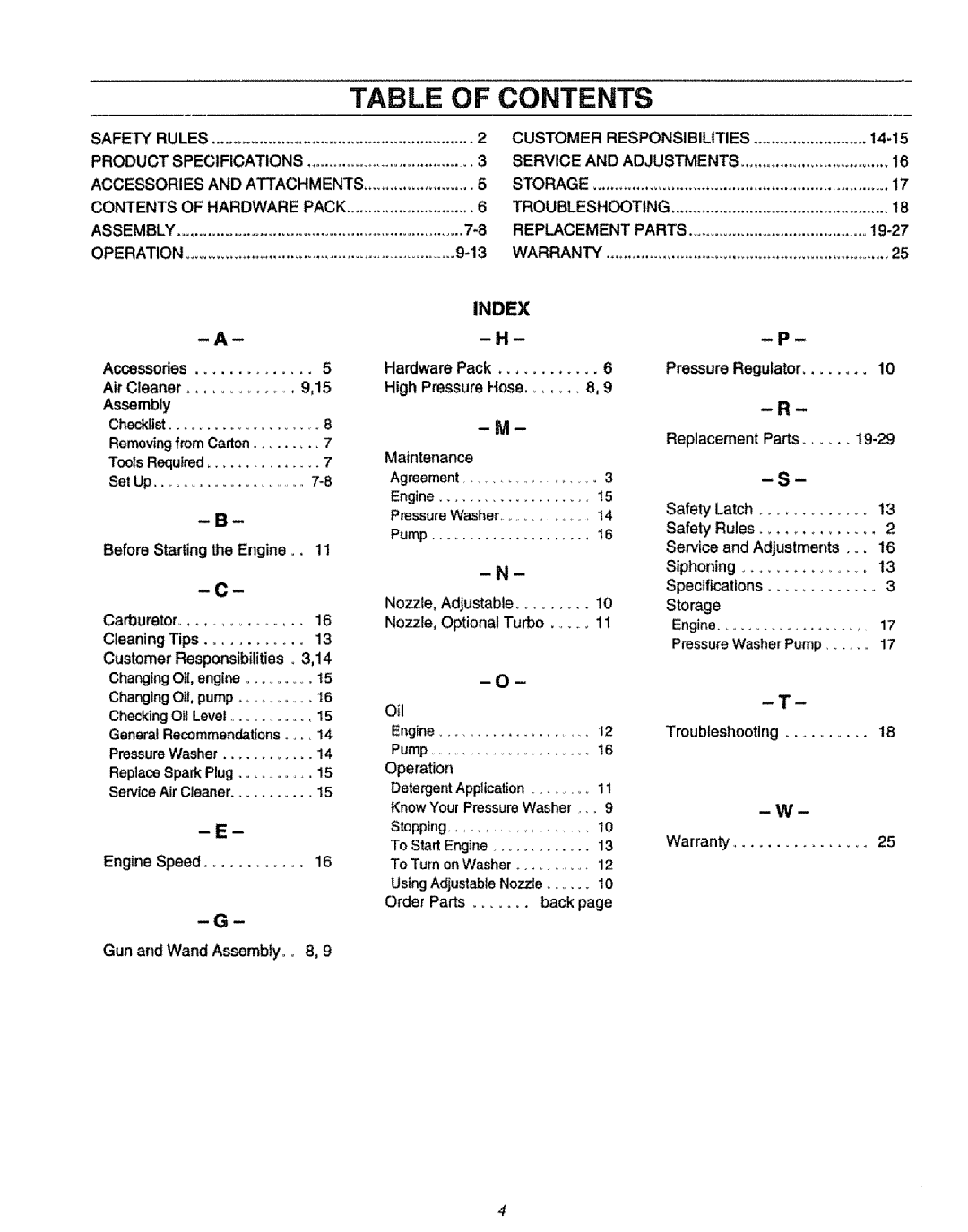 Sears 580.75151 manual Table of Contents 