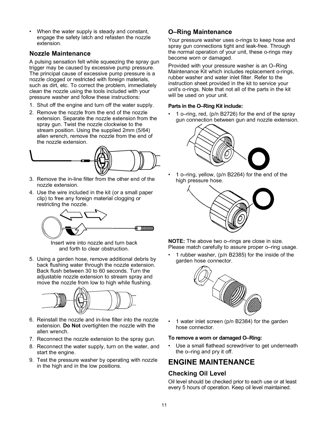 Sears 580.76101 owner manual Engine Maintenance, Nozzle Maintenance, Ring Maintenance, Checking Oil Level 