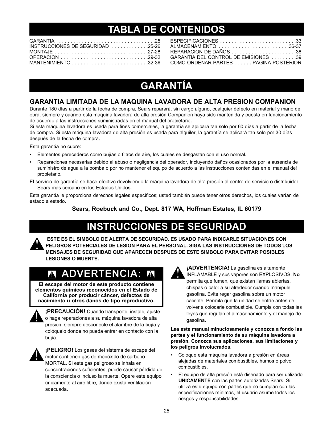 Sears 580.76101 owner manual Garantia Especificaciones, Almacenamiento, Montaje, Reparaciondedanos Operacion, Mantenimiento 