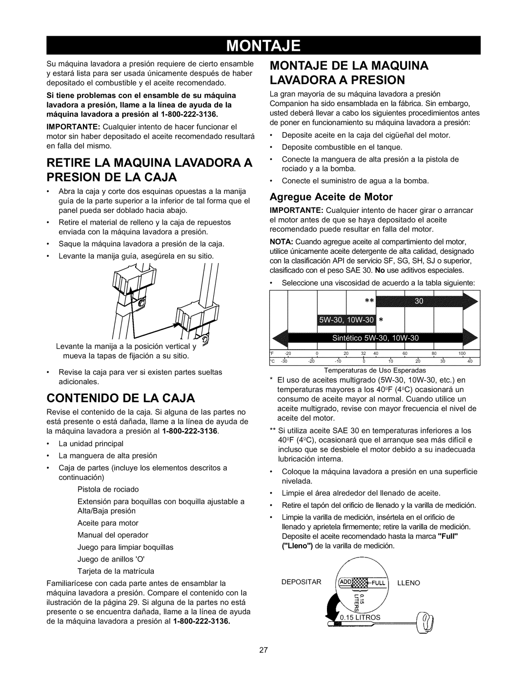 Sears 580.76101 owner manual Depositadoelcombustibleyelaceiterecomendado, Retire LA Maquina Lavadora a Presion DE LA Caja 