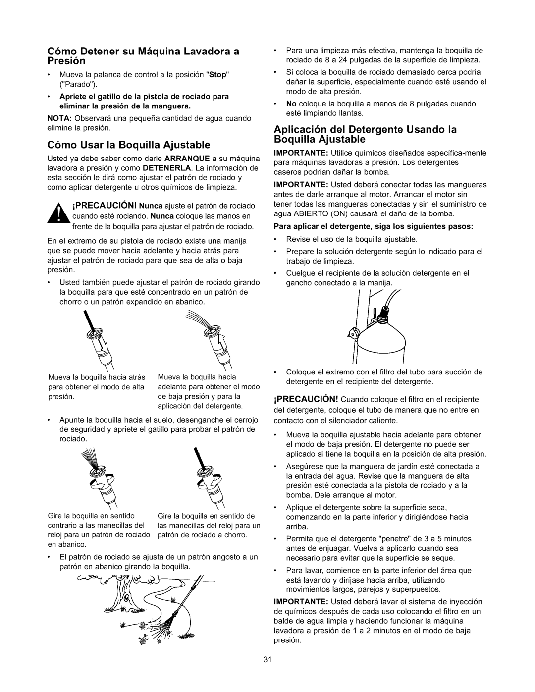 Sears 580.76101 owner manual Como Detener su Mquina Lavadora a Presion, Como Usar la Boquilla Ajustable 