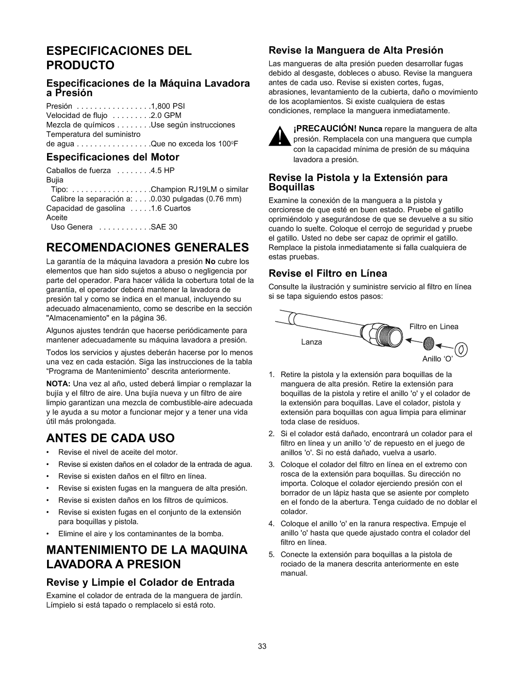 Sears 580.76101 owner manual Especificaciones DEL Producto, Recomendaciones Generales, Antes DE Cada USO 