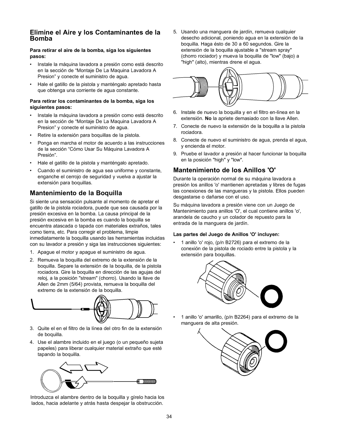 Sears 580.76101 owner manual Elimine el Aire y los Contaminantes de la Bomba, Mantenimiento de la Boquilla 