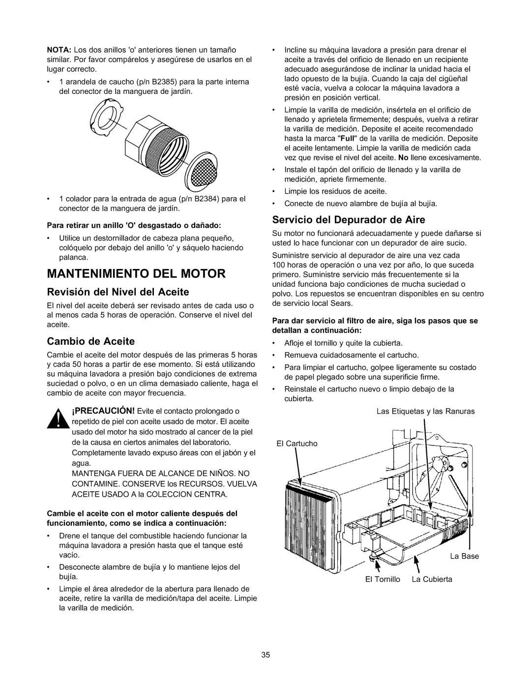 Sears 580.76101 NOTALosdosanillosoanteriorestienenuntamaSo, Conectordelamangueradejardin, Mantenimiento DEL Motor 