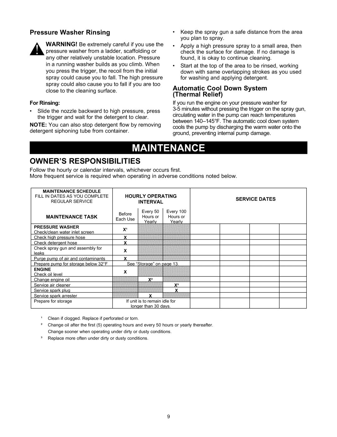 Sears 580.76101 owner manual Owners Responsibilities, Pressure Washer Rinsing, Automatic Cool Down System 