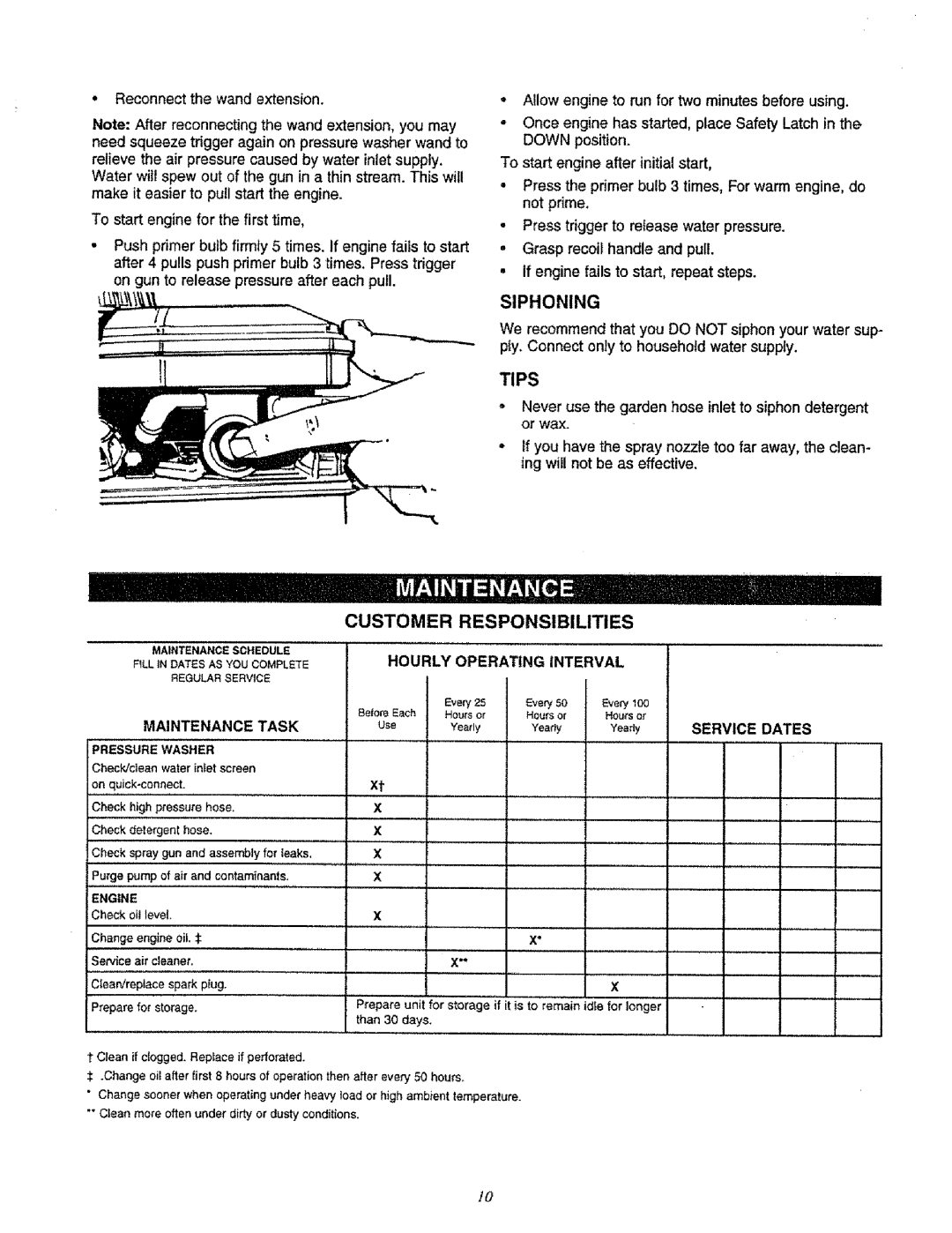 Sears 580.761652 manual Siphoning, Customer Responsibilities, Maintenance Task, Hourly Operating Interval, Service Dates 