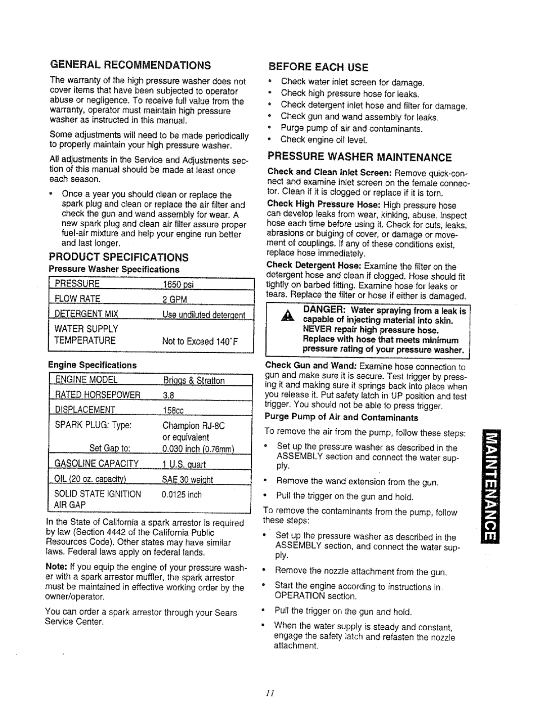 Sears 580.761652 manual General Recommendations Before Each USE, Product Specifications, Pressure Washer Maintenance 