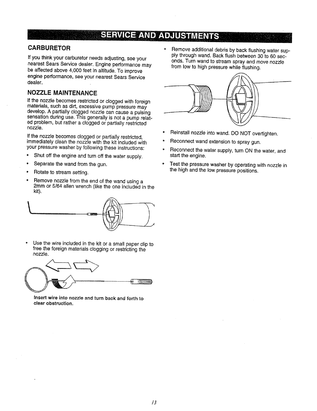 Sears 580.761652 manual Carburetor, Nozzle Maintenance 