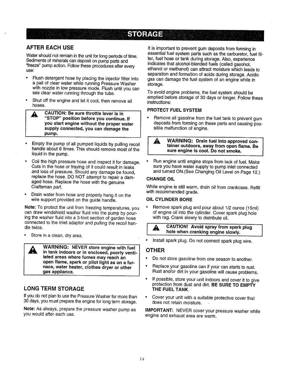 Sears 580.761652 manual After Each USE, Long Term Storage, Other, Protect Fuel System, Change OIL 