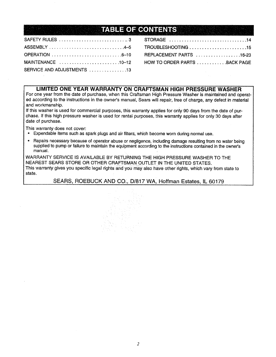 Sears 580.761652 manual Limited ONE Year Warranty on Craftsman High Pressure Washer, Maintenance 