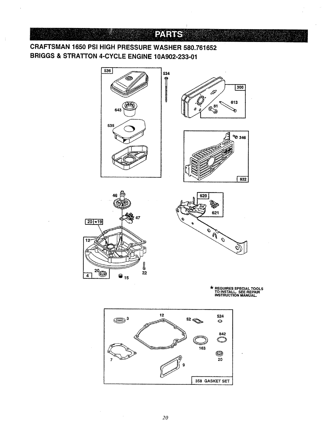 Sears 580.761652 manual S2o, Briggs & Straon 4-CYCLE Engine 10A902-233-01 