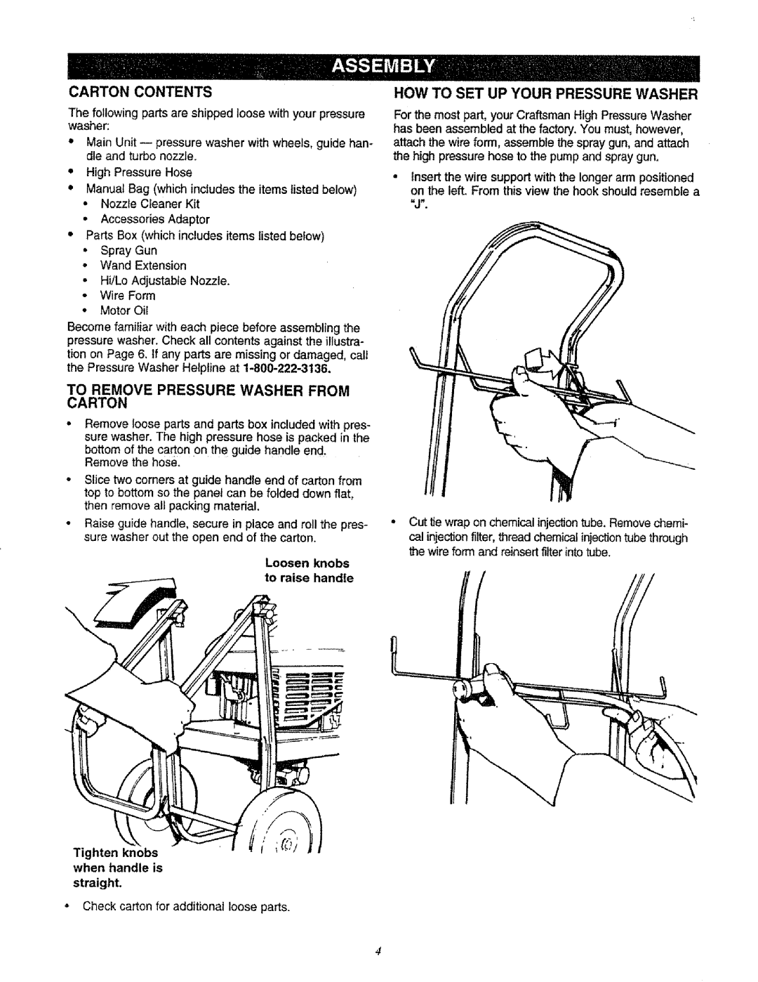 Sears 580.761652 manual Carton Contents, To Remove Pressure Washer from Carton, HOW to SET UP Your Pressure Washer 