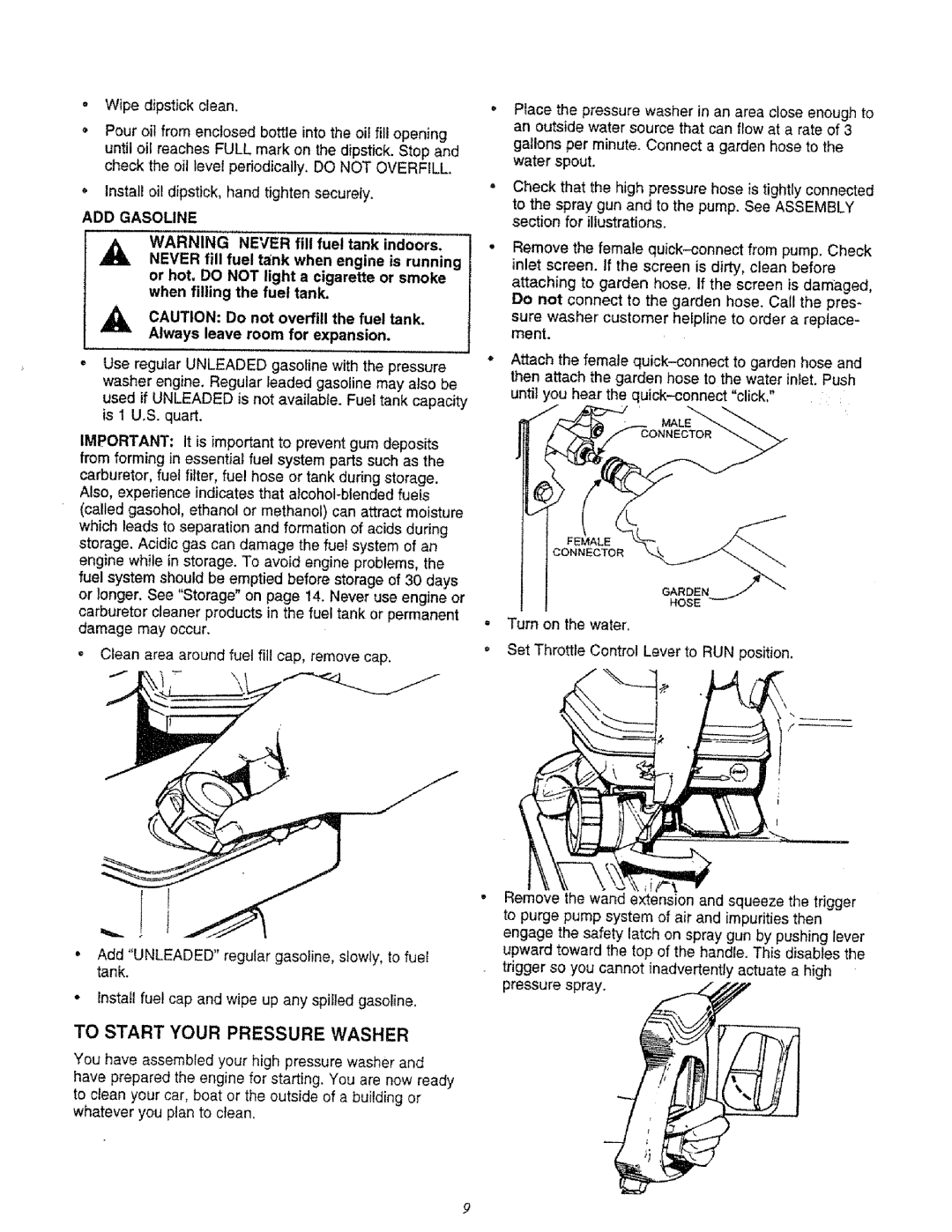 Sears 580.761652 manual To Start Your Pressure Washer, Add Gasoline 