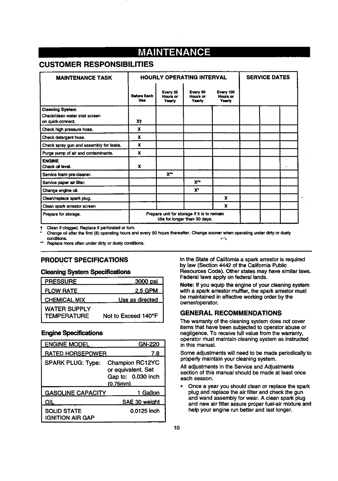 Sears 580.768050 manual Cleaning System Specifications, General Recommendations 