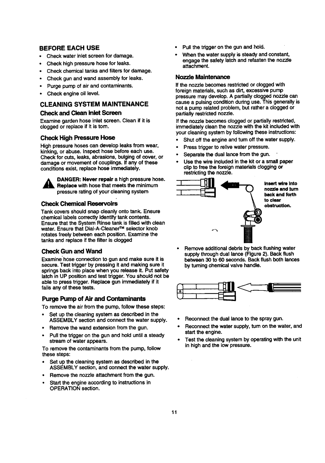 Sears 580.768050 Cleaning System Maintenance, Check and Clean Inlet Screen, Check Chemical Reservoirs, Nozzle Maintenance 