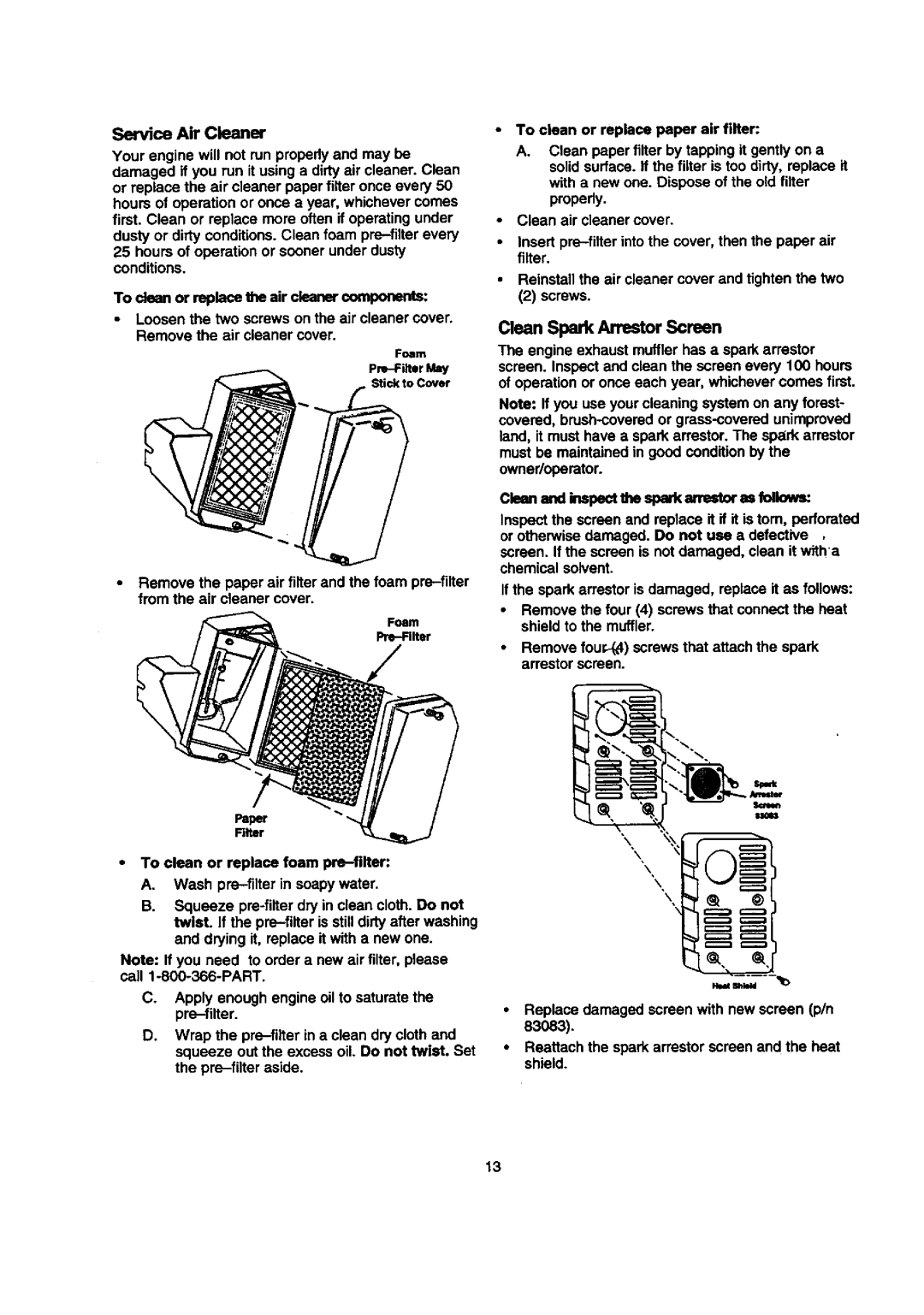 Sears 580.768050 manual Clean Spark ArrestorScreen, 83083 