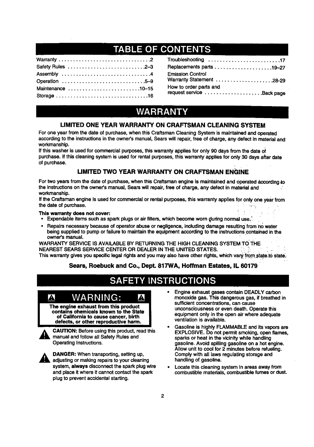 Sears 580.768050 Limited ONE Year Warranty on Craftsman Cleaning System, Limited TWO Year Warranty on Craftsman Engine 