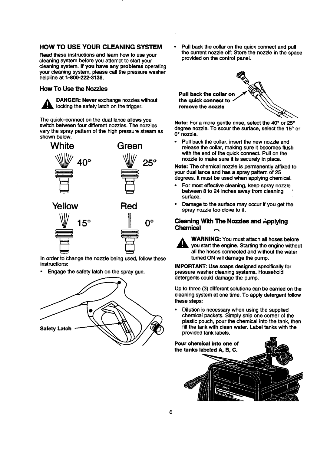 Sears 580.768050 HOW to USE Your Cleaning System, How To Use the NozTJes, Cleaning With The Nozzles ana ,lying Chemical 