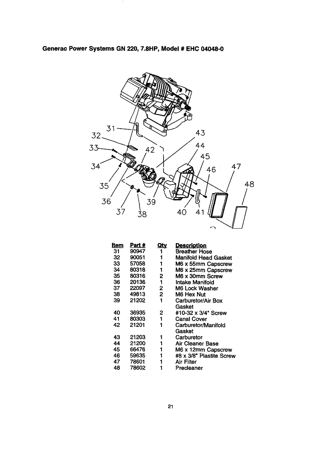 Sears 580.768050 manual Generac Power Systems GN 220, 7.8HP, Model # EHC, 22097 