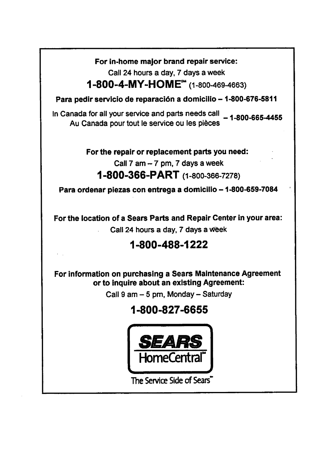 Sears 580.768050 manual HomeCentrar, TheServiceSideof Sears 
