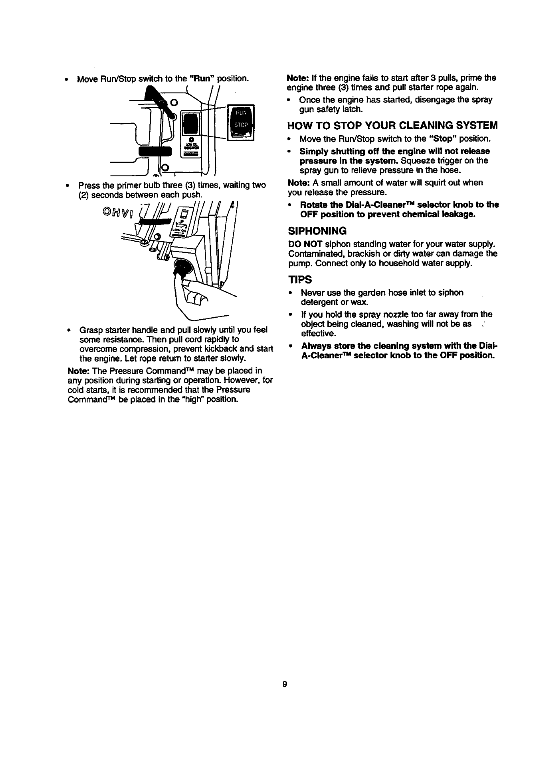 Sears 580.768050 manual How To Stop Your Cleaning System, Siphoning, Tips, Move Run/Stop switch to the Run position 