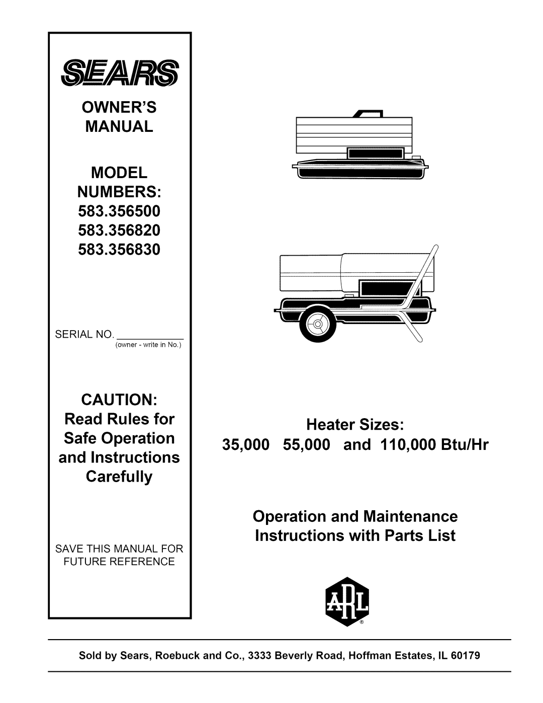 Sears 583.35682, 583.35683, 583.3565 owner manual Owners Manual Model Numbers 